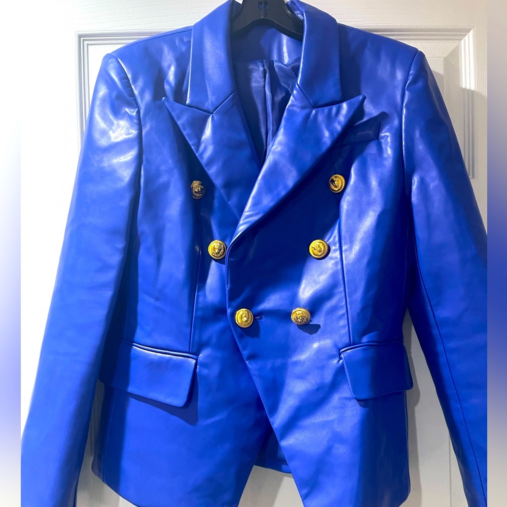 Womens royal blue faux leather blazer jacket